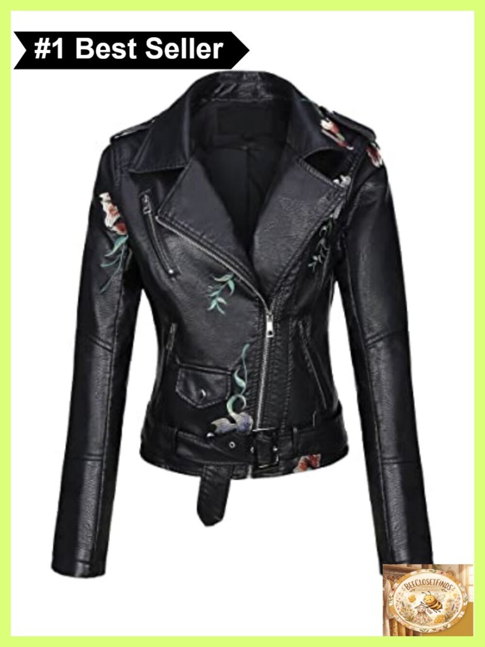 Faux Leather Moto Jacket Floral Embroidered Slim Fit Lightweight